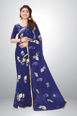 FORKEY Embroidered Bollywood Net Saree(Dark Blue)