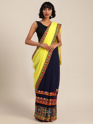 KAVINDI Embroidered Bollywood Georgette Saree(Blue, Yellow)