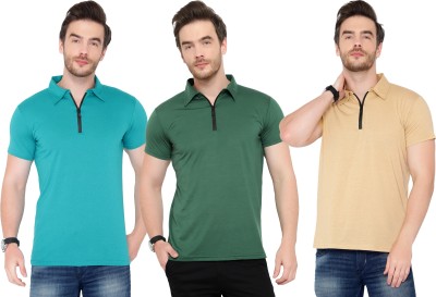 Tivy Solid Men Polo Neck Light Blue, Dark Green, Beige T-Shirt