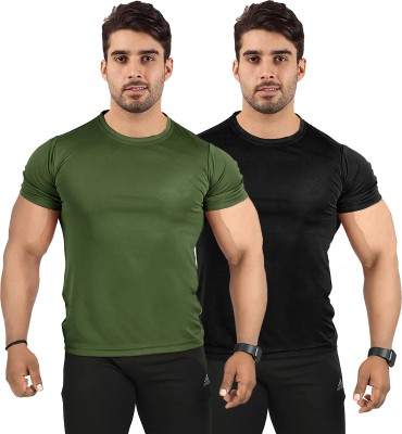 ONEBIT Solid Men Round Neck Dark Green, Black T-Shirt