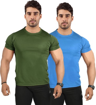 UDI n ADI Solid Men Round Neck Light Blue, Dark Green T-Shirt