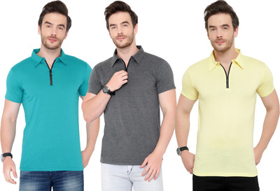 Adorbs Solid Men Polo Neck Light Blue, Grey, Yellow T-Shirt