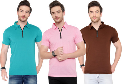 Tivy Solid Men Polo Neck Light Blue, Brown, Pink T-Shirt