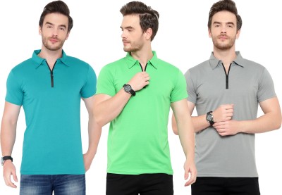 Adorbs Solid Men Polo Neck Green, Blue, Grey T-Shirt