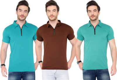 Tivy Solid Men Polo Neck Light Blue, Brown T-Shirt