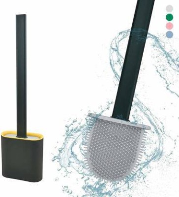 Uniqon Non-Slip Long Handle Soft Silicone Bristle Toilet Cleaning Brush with Slim Holder Flex Toilet Brush Anti-Drip Set with Holder(Multicolor)