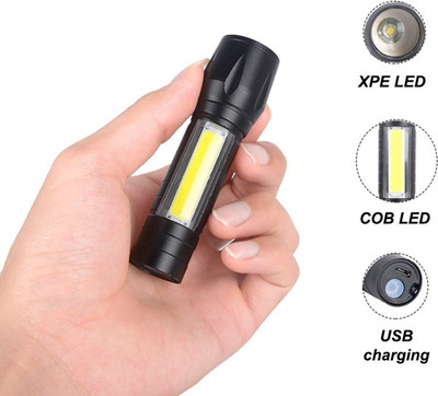 MZ 3 Mode Rechargeable Super Bright Zoom COB USB Mini Pocket Flashlight Torch(Black, 9 cm, Rechargeable)