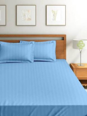 KEERRAZ 250 TC Cotton King Striped Fitted (Elastic) Bedsheet(Pack of 1, Sky Blue)
