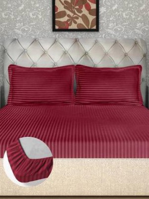 KEERRAZ 250 TC Cotton King Striped Fitted (Elastic) Bedsheet(Pack of 1, Maroon)