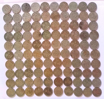 MANMAI COINS 100 COINS LOT - 25 Paise 1972-1988 Copper-nickel 2.5 g 19 mm - CIRCULATED CONDITION - INDIA Modern Coin Collection(100 Coins)