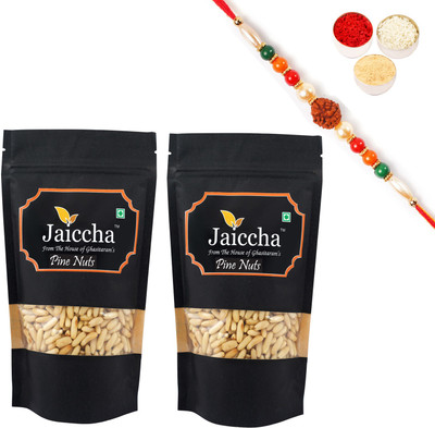 Jaiccha Rakhi Gifts Dryfruits-Pine Nuts Without Shell (Chilgoza) 400 gms in Black Paper Pouch with Rudraksh Rakhi Combo(Pine Nuts Without Shell (Chilgoza) 400 gms, 1 Rakhi, Roli, Chawal, chandan)