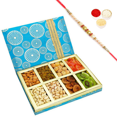 Ghasitaram Gifts Rakhi Gifts Dryfruits-Satin 8 part Assorted Dryfruit Box with Pearl Rakhi Combo(400g)