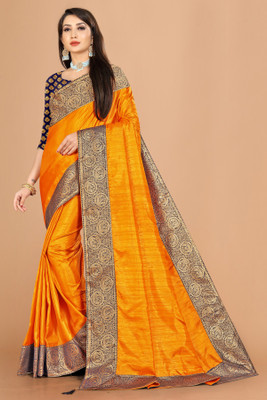 MM BROTHERS Solid/Plain Bollywood Art Silk Saree(Orange)