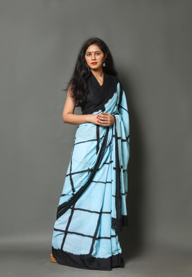 DASTKARPRINT Printed Daily Wear Pure Cotton Saree(Light Blue)