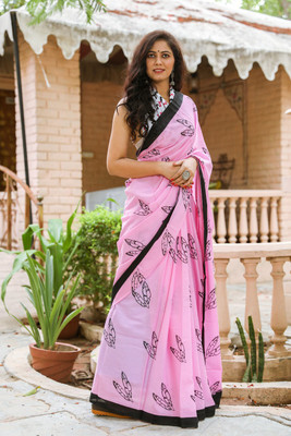 NIKHILAM Printed Daily Wear Pure Cotton Saree(Pink)