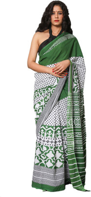 Pinkcity Trade World Printed, Color Block, Blocked Printed Daily Wear Pure Cotton Saree(White, Green)