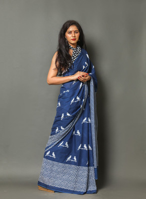 Craftmusium Printed, Color Block, Blocked Printed, Floral Print, Dyed Daily Wear Pure Cotton Saree(Blue)