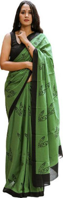 Pinkcity Trade World Printed, Color Block, Blocked Printed Daily Wear Pure Cotton Saree(Green, Black)