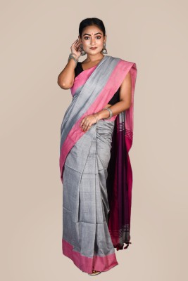 sourav biswas Solid/Plain Daily Wear Cotton Blend, Pure Cotton Saree(Magenta, Grey)