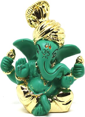 Sawcart Pagdi Ganesh / Ganpati / Ganesha Gold Plated Terracotta Puja Idol Figurine Sculpture Hindu God of Success, Prosperity, Good Luck for Car Dashboard, Temple & Home Decor (Green) Decorative Showpiece  -  7 cm(Terracotta, Green, Gold)
