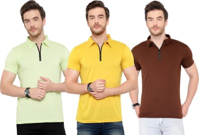 Tivy Solid Men Polo Neck Brown, Light Green, Yellow T-Shirt