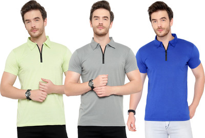 Tivy Solid Men Polo Neck Blue, Grey, Light Green T-Shirt