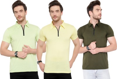 Adorbs Solid Men Polo Neck Dark Green, Yellow, Light Green T-Shirt