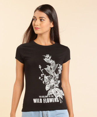 Lyra Printed Women Round Neck Black T-Shirt