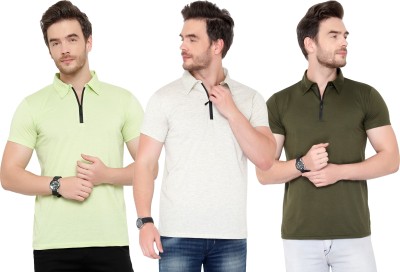 PHINSTAR Solid Men Polo Neck Light Green, Dark Green, Grey T-Shirt