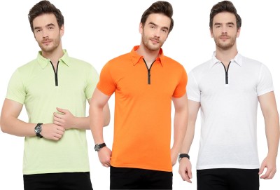 Tivy Solid Men Polo Neck White, Orange, Light Green T-Shirt