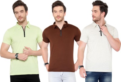 Tivy Solid Men Polo Neck Brown, Grey, Light Green T-Shirt