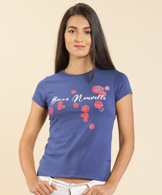 Lyra Printed Women Round Neck Blue T-Shirt