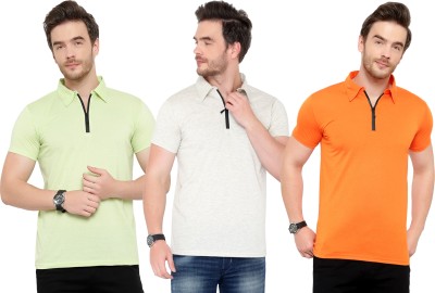 Tivy Solid Men Polo Neck Light Blue, Orange, Grey T-Shirt