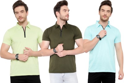 Tivy Solid Men Polo Neck Dark Green, Light Blue, Light Green T-Shirt