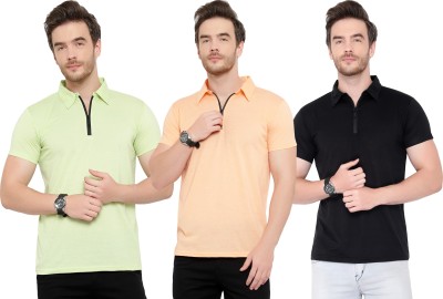 Tivy Solid Men Polo Neck Black, Orange, Light Green T-Shirt