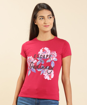 Lyra Printed Women Round Neck Maroon T-Shirt