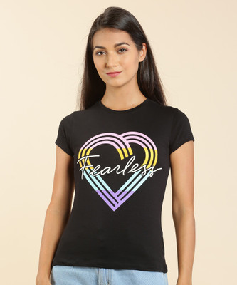 Lyra Floral Print Women Round Neck Black T-Shirt