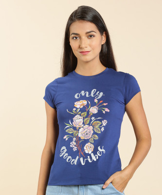 Lyra Printed Women Round Neck Blue T-Shirt