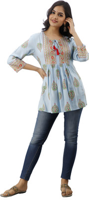 DMP EXPORT Casual 3/4 Sleeve Printed Women Light Blue Top