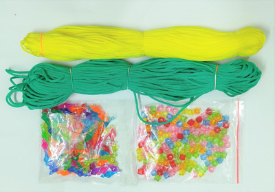 UVV macrame cord in colour yellow & green set of 2 in each bundle 50 m cord with rose beads & bells in multicolor color 100 pieces each