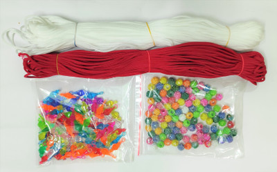 UVV Macrame cord in 2 colour white & maroon in each bundle 50 m cord with( multicolor rose beads & bealls each 100 pieces)