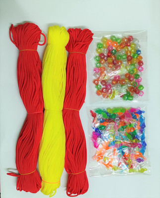 UVV macrame cord in colour yellow & red 2 set of 3 in each bundle 50 m cord with kanta beads & bells in multicolor color 100 pieces each