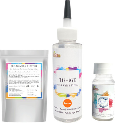 KADAM Tie Dye Orange, Cold Water Fabric Dye Color, 100mL Bottle with Prewashing Fixative mini and DyFix mini bottle