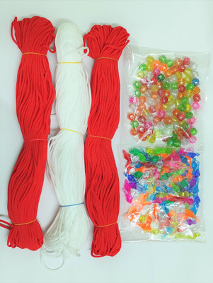 UVV macrame cord in colour white & red 2 set of 3 in each bundle 50 m cord with rose beads & bells in multicolor color 100 pieces each