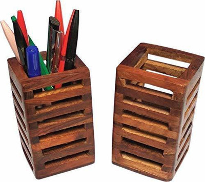 INDIAN WOOD ARTS 1 Compartments WOODEN PEN PENCIL STAND(Brown)