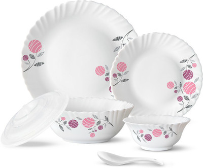 Larah by Borosil Pack of 34 Opalware Galaxy Dahlia Crockey Gifting, Plate & Bowl Dinner Set(Pink, Microwave Safe)