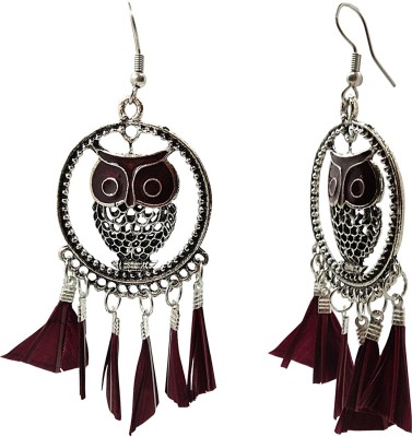 OMAYA Owl Shape MAROON Feather Alloy Drops & Danglers