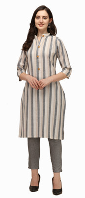 prabhas Women Striped Straight Kurta(Beige)