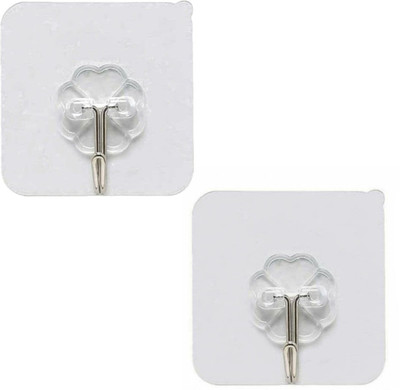 PRAKNAH Self Adhesive Hooks Heavy Duty Sticker Wall Hooks & Seamless Transparent Adhesive Hooks For Door Hanger Hook/Clothes, Keys, Utensils Holder for Bathroom, Kitchen Holds Up to 1-10 Kg Hook 2(Pack of 2)