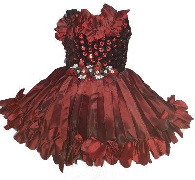 DLF COLLECTION Baby Girls Midi/Knee Length Festive/Wedding Dress(Maroon, Sleeveless)